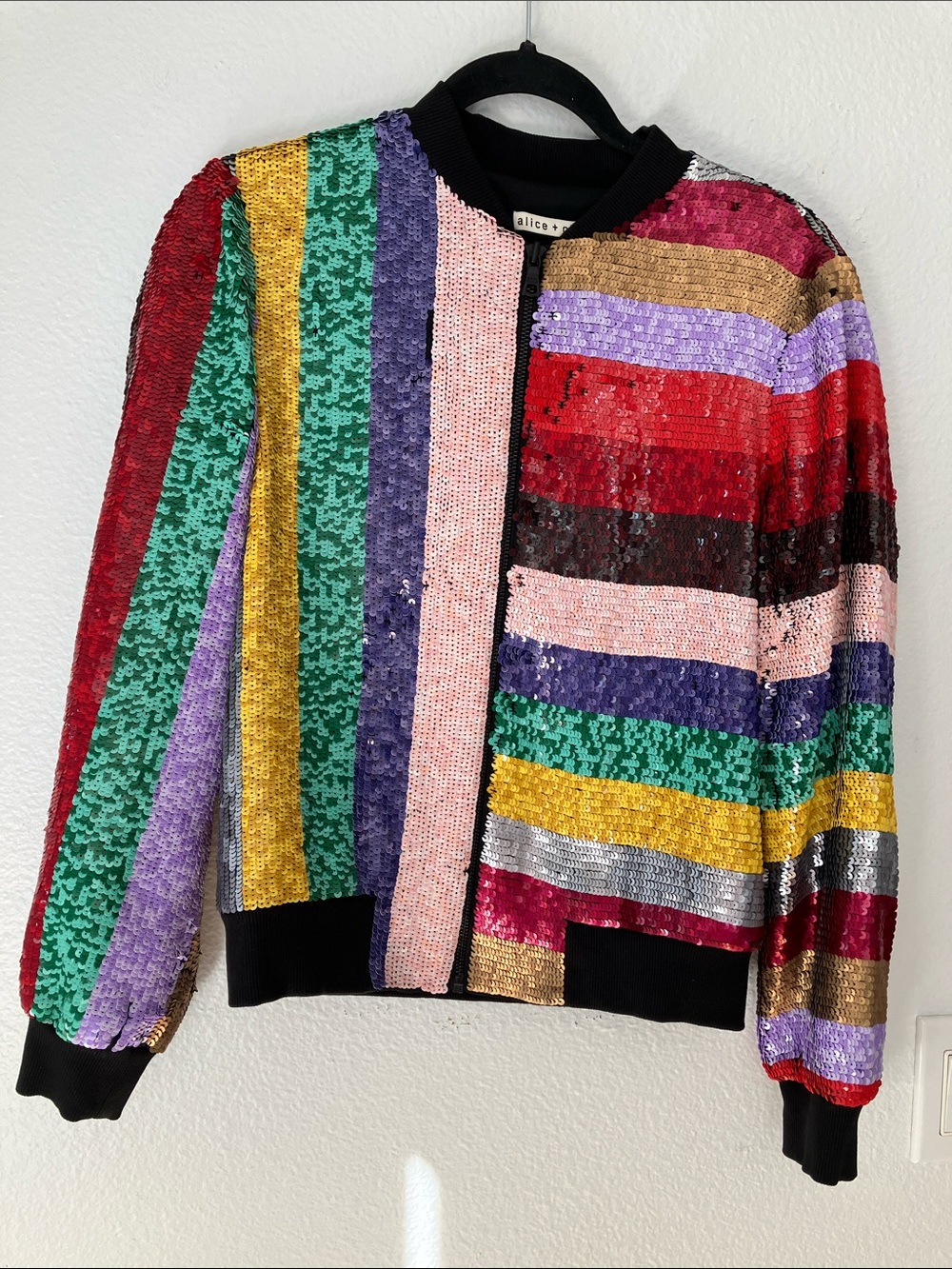Alice + Olivia Multicolor Sequin Striped Bomber Jacket